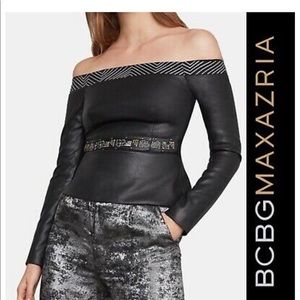 BCBGMAXAZRIA Women's Off-The-Shoulder Crop Sweater Top - Stretchy Square Neck Blouse